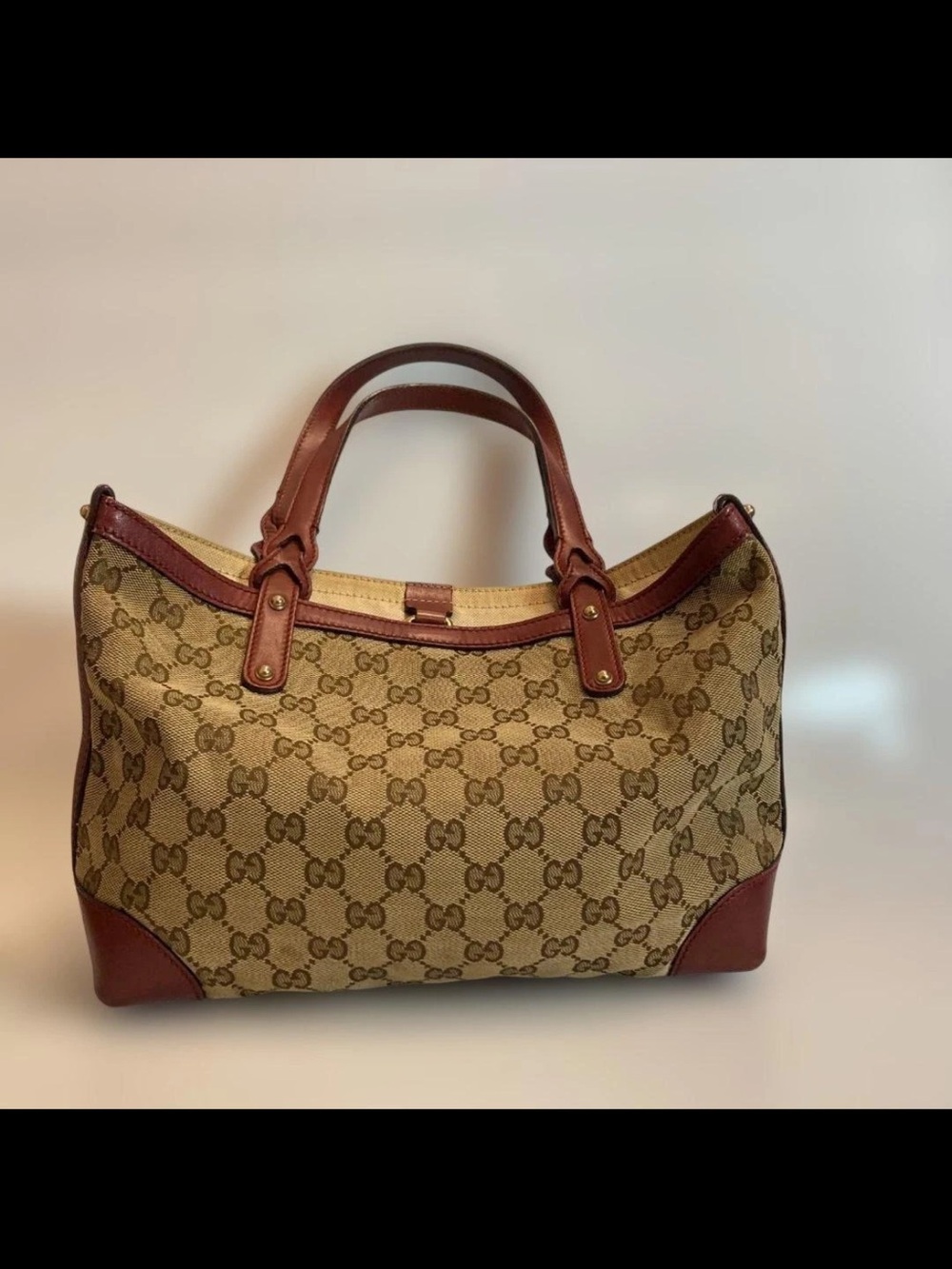 Gucci Beige Monogram Canvas Tote with Brown Leather Handles
